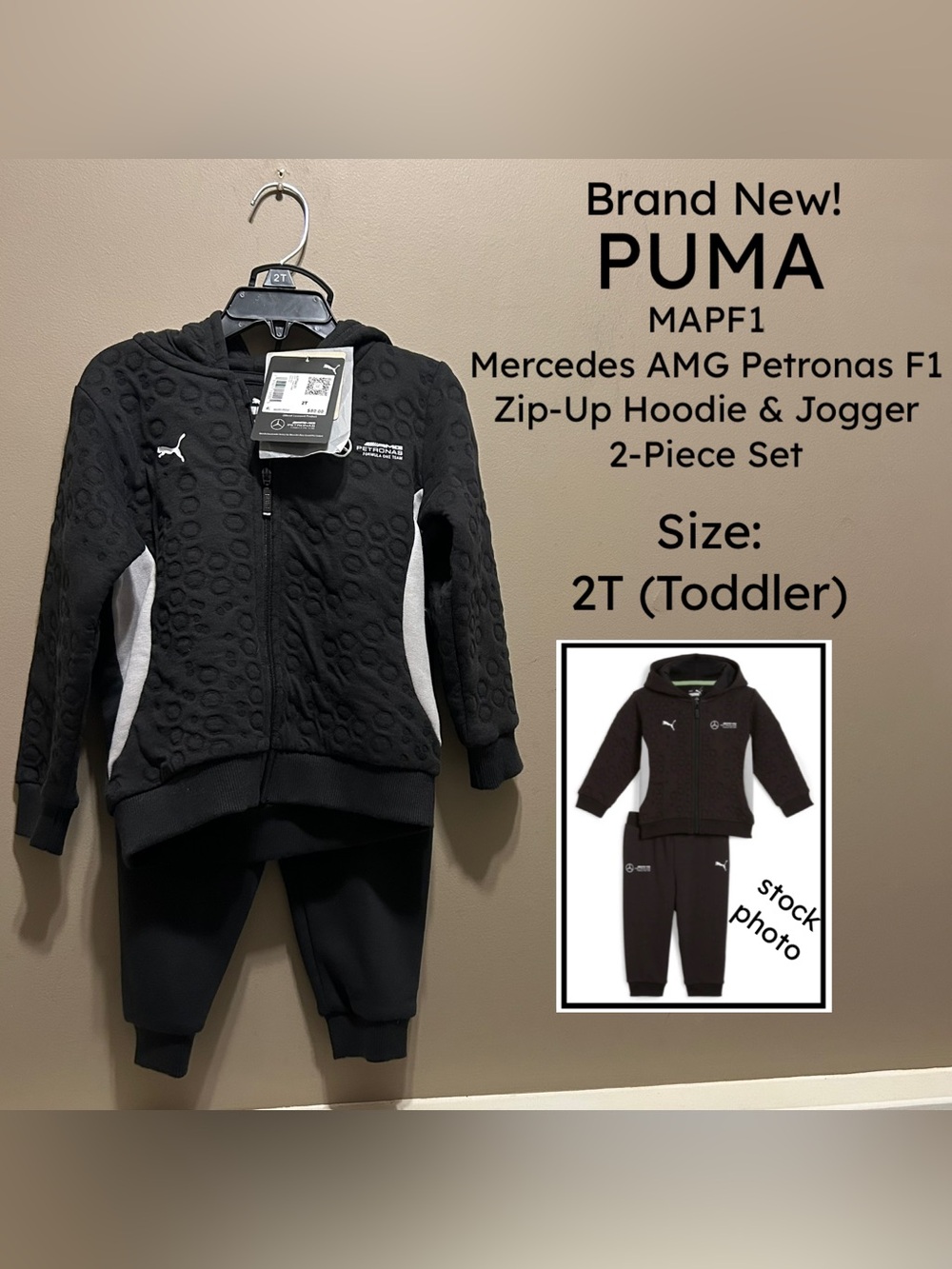 NWT 2-Piece PUMA MAPF1 Mercedes AMG Petronas F1 Zip-Up Hoodie & Jogger Set - 2T